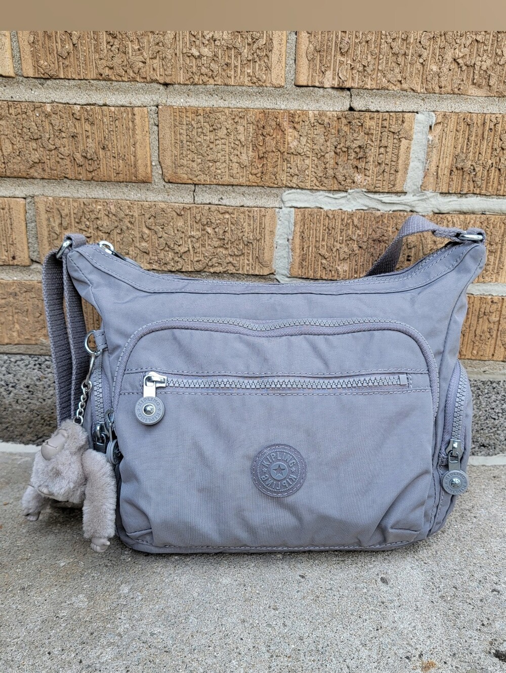 Kipling Gabbie S Inviting Gray Nylon Cargo Shoulder Bag with Monkey Keychain